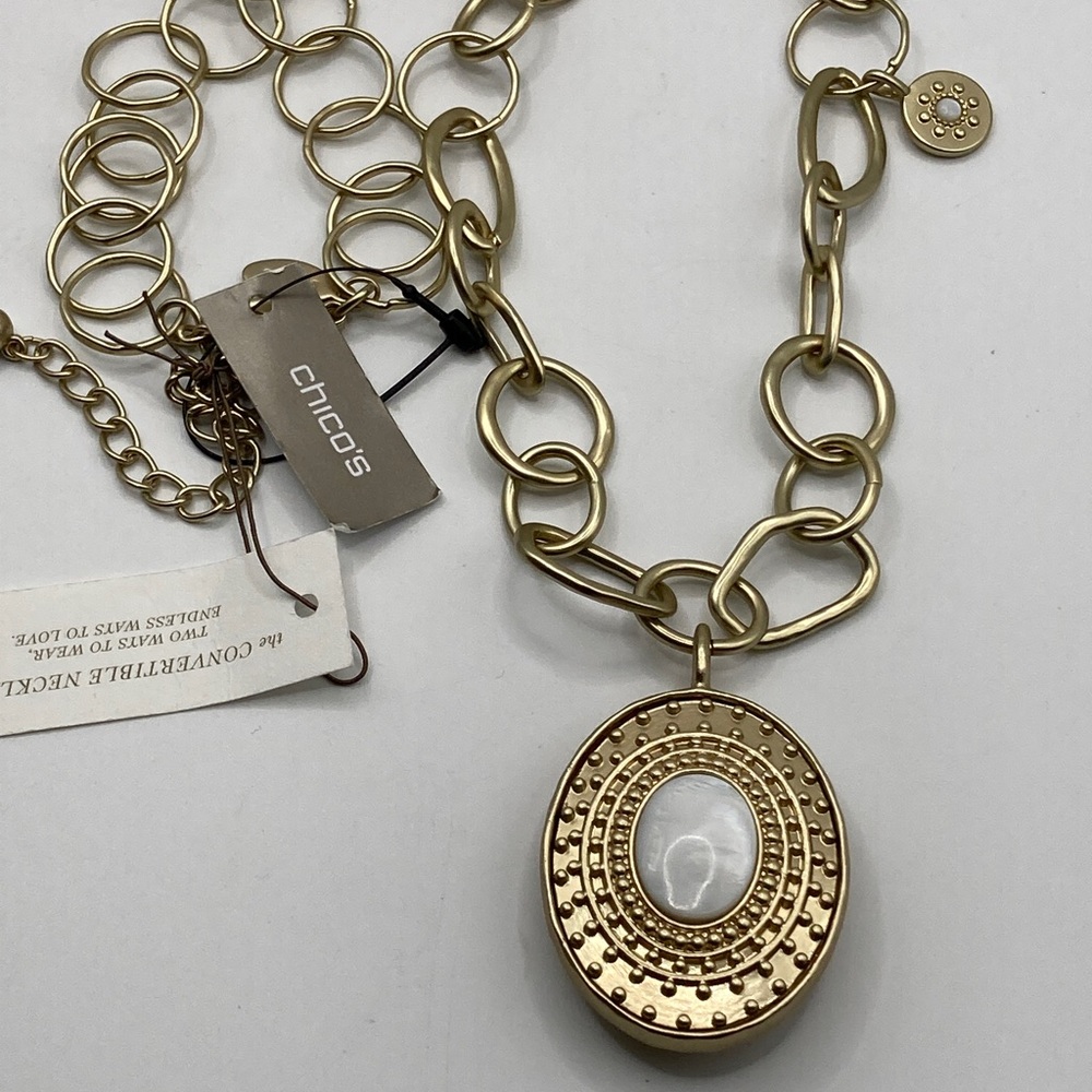 Chicos, convertible, pendant,‎ necklace, long links, NWT 38 inches MOP white red